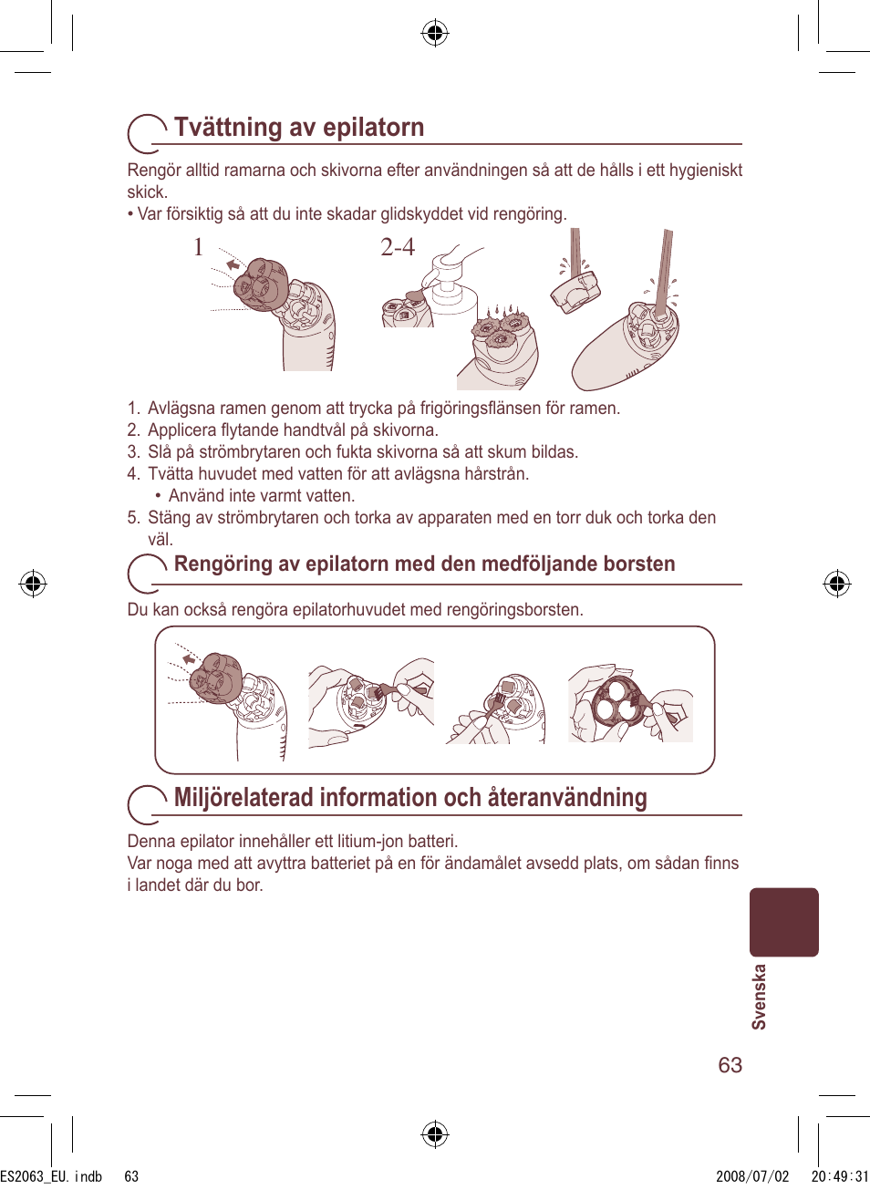 Tvättning av epilatorn, Miljörelaterad information och återanvändning | Panasonic ES2063 User Manual | Page 63 / 136