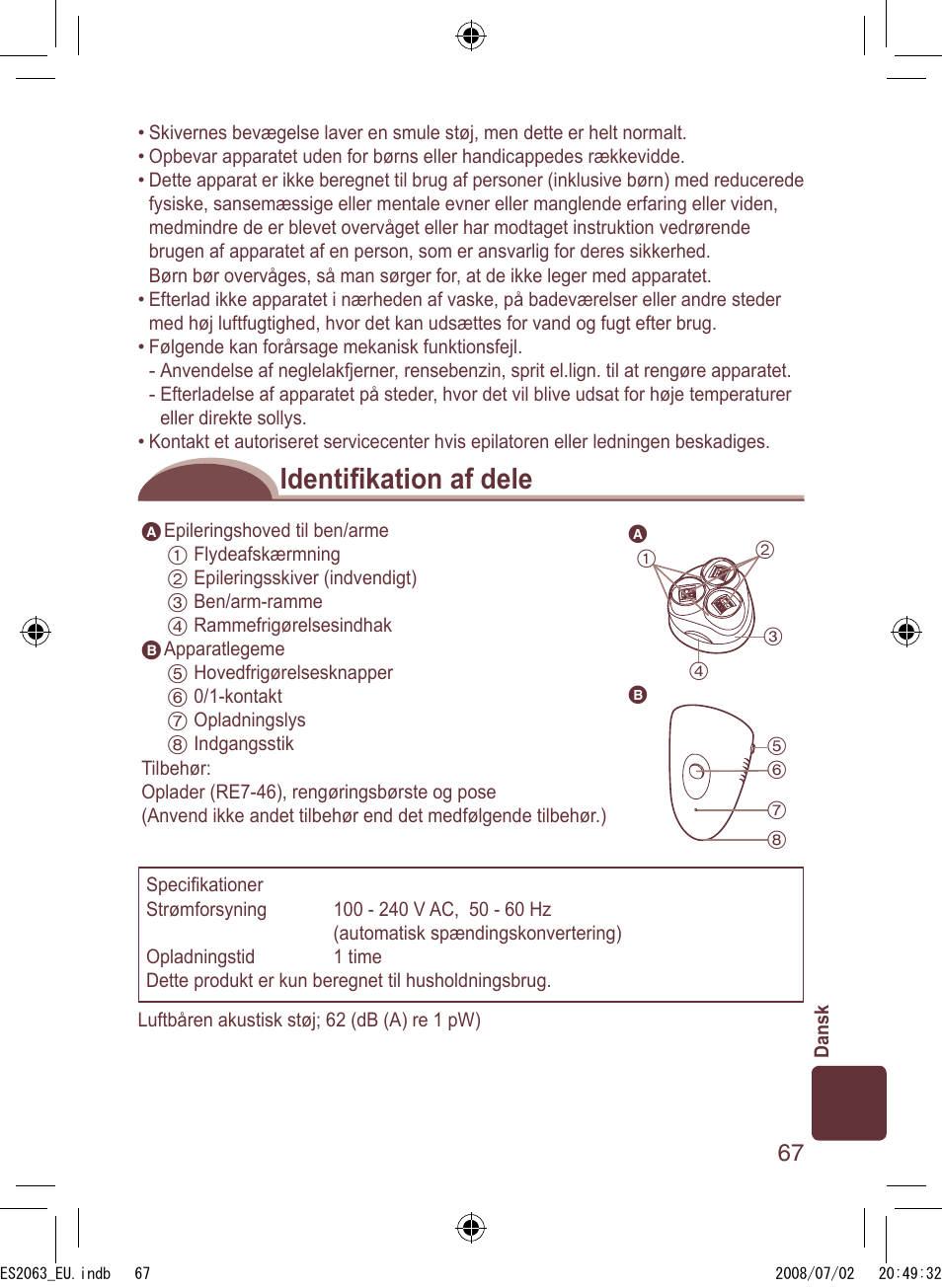 Identiﬁ kation af dele | Panasonic ES2063 User Manual | Page 67 / 136