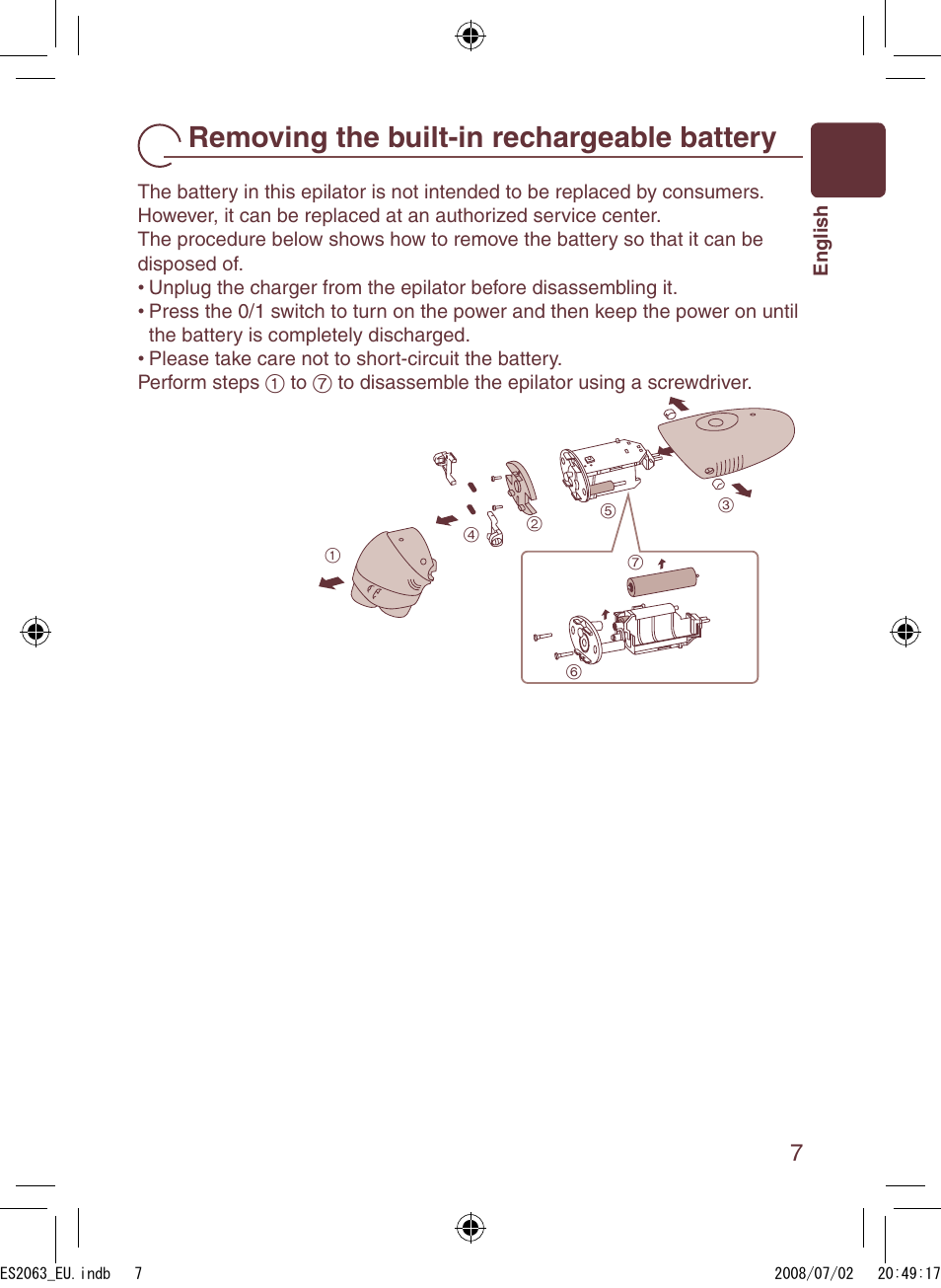 Removing the built-in rechargeable battery | Panasonic ES2063 User Manual | Page 7 / 136