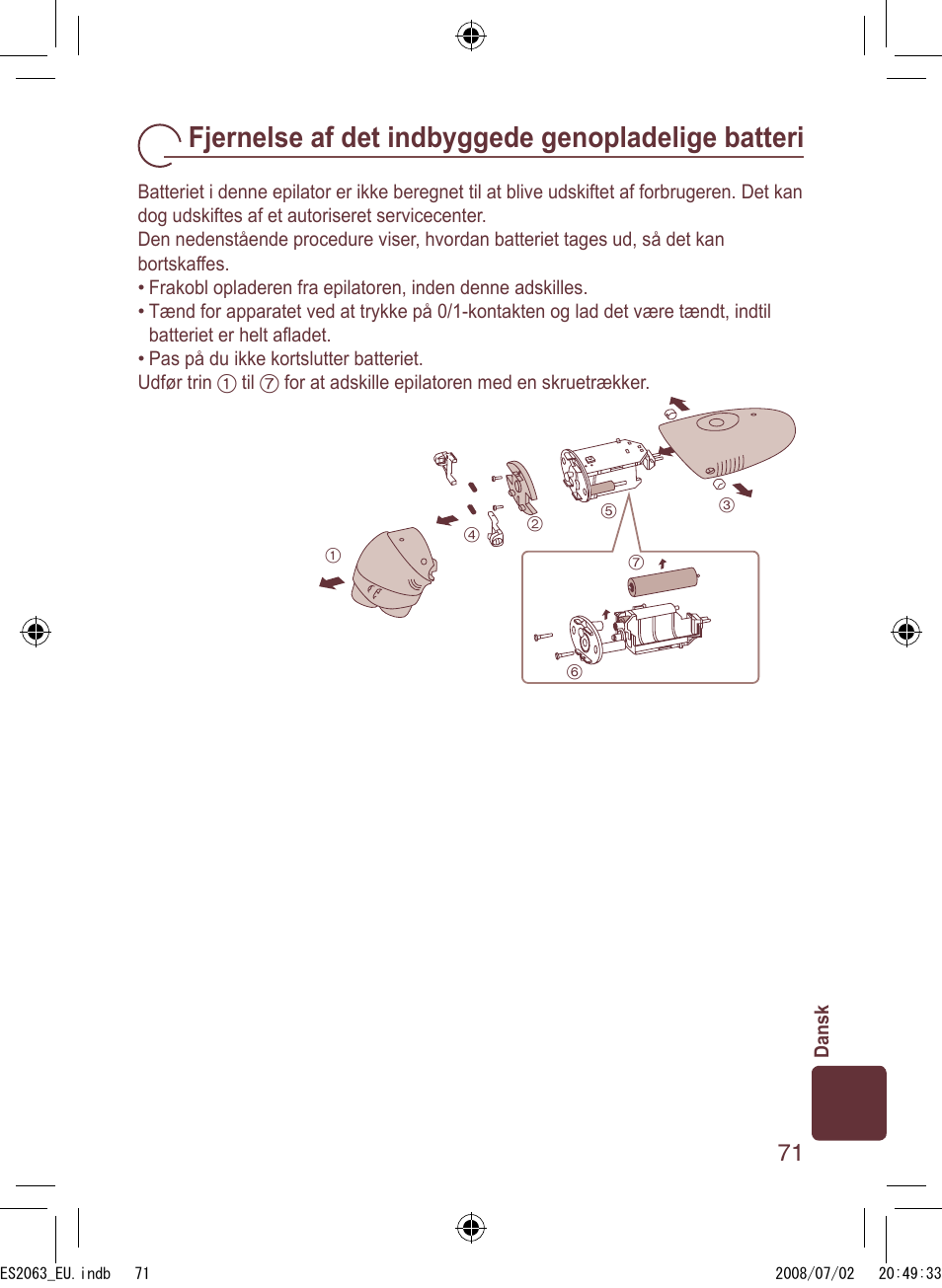 Fjernelse af det indbyggede genopladelige batteri | Panasonic ES2063 User Manual | Page 71 / 136