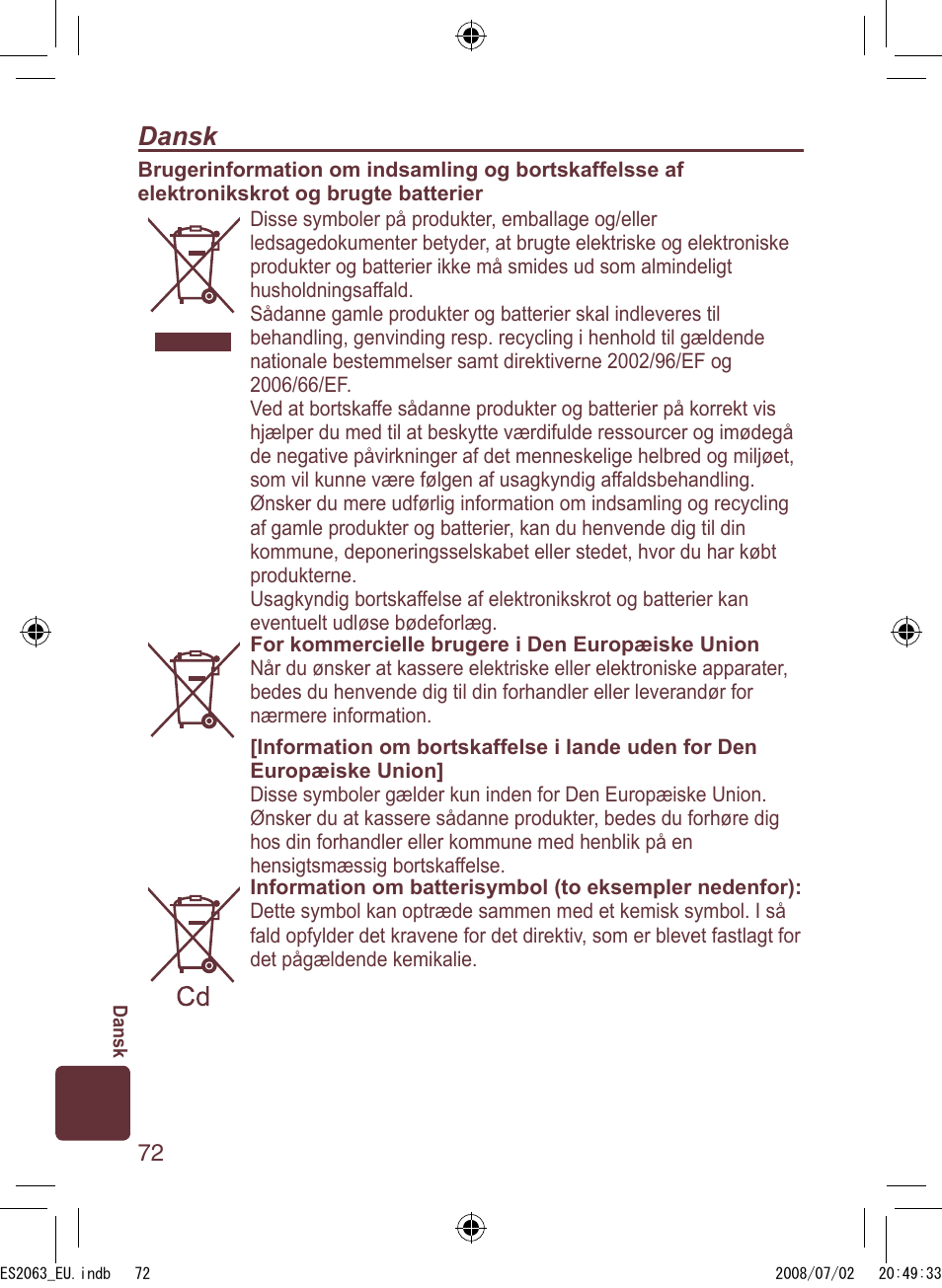 Dansk | Panasonic ES2063 User Manual | Page 72 / 136