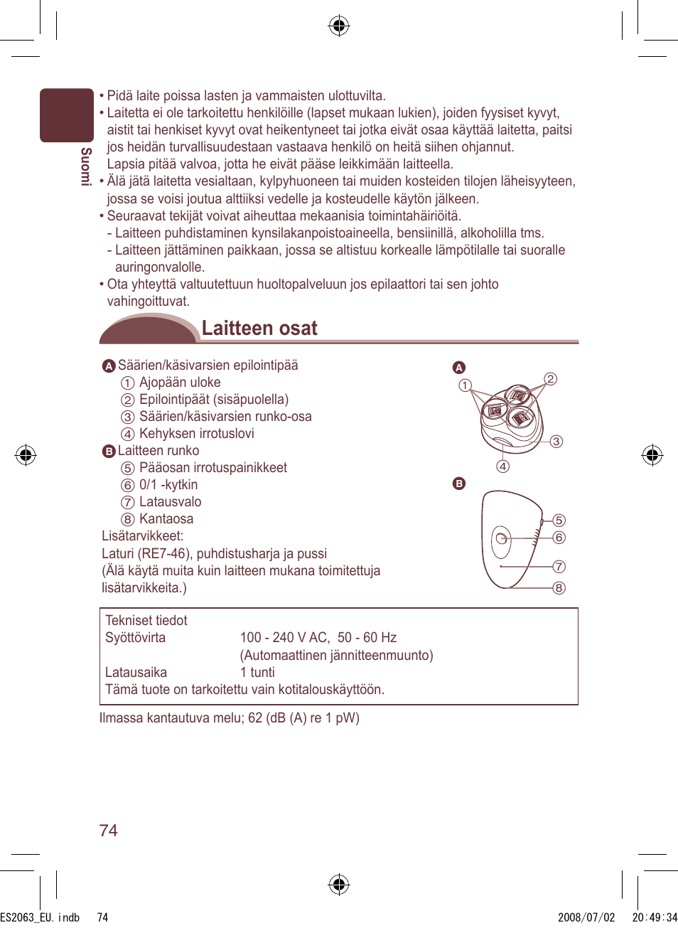 Laitteen osat | Panasonic ES2063 User Manual | Page 74 / 136