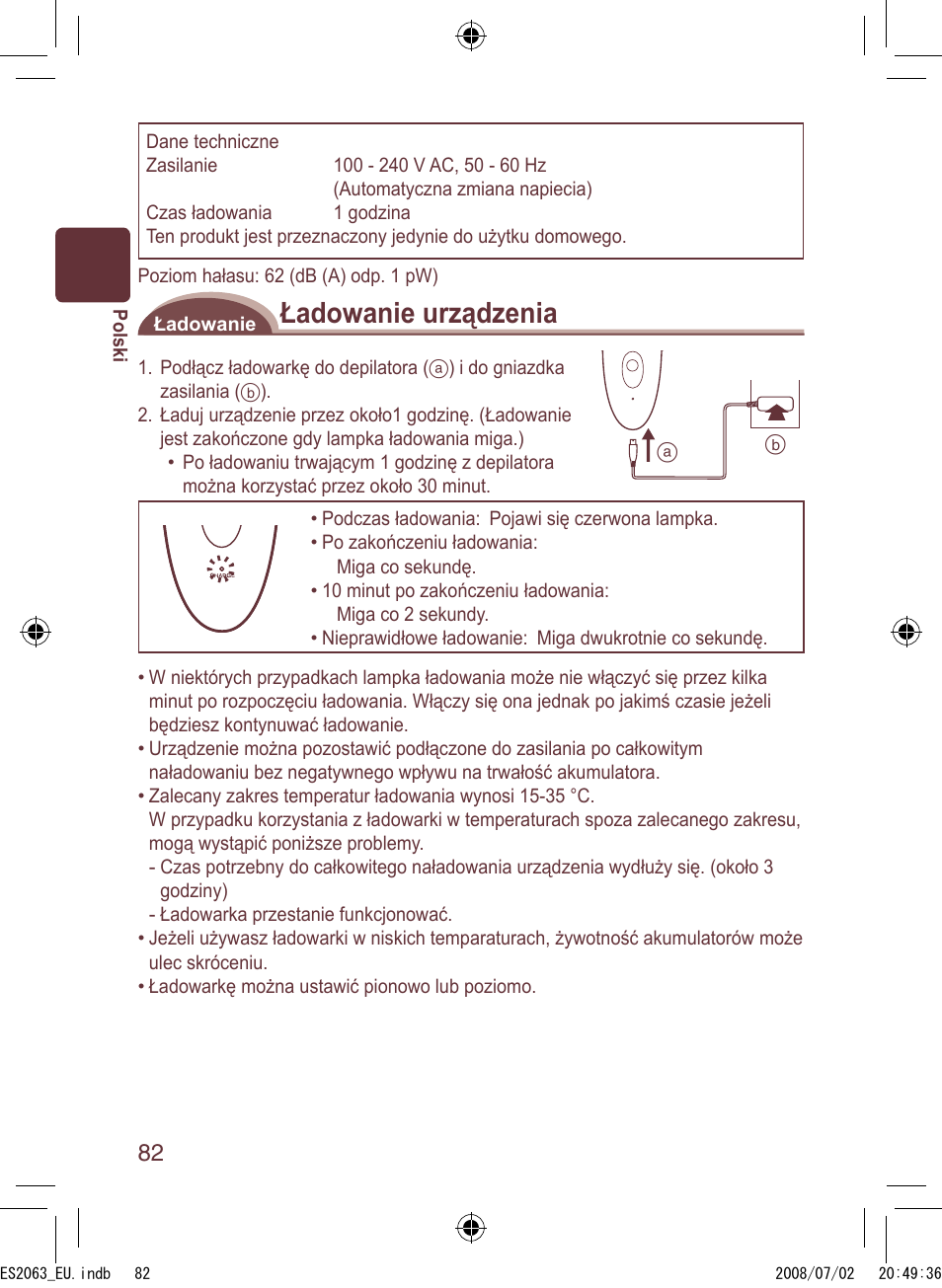 Ładowanie urządzenia | Panasonic ES2063 User Manual | Page 82 / 136