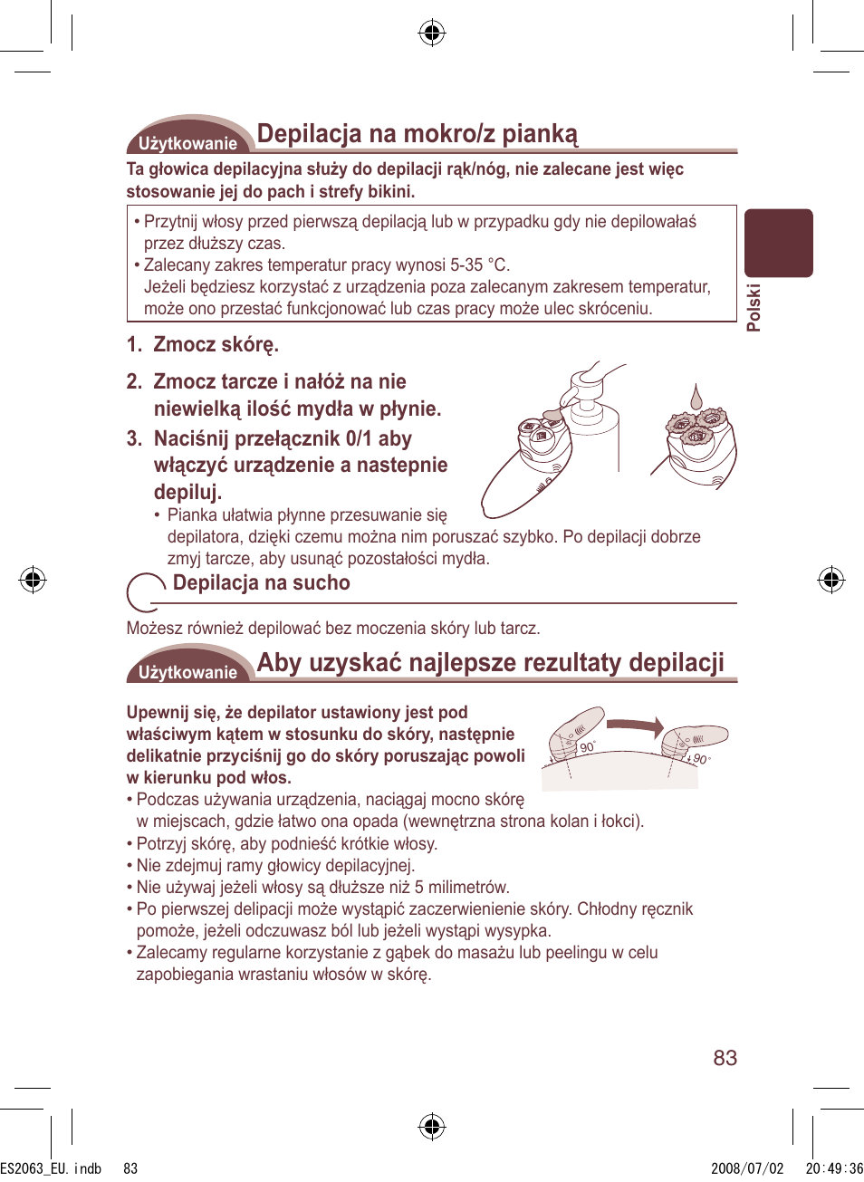 Depilacja na mokro/z pianką, Aby uzyskać najlepsze rezultaty depilacji, Depilacja na sucho | Panasonic ES2063 User Manual | Page 83 / 136