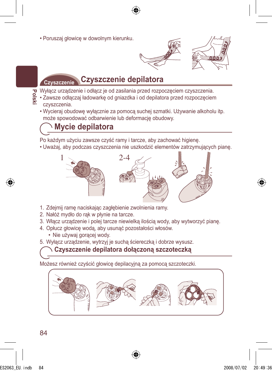 Czyszczenie depilatora, Mycie depilatora | Panasonic ES2063 User Manual | Page 84 / 136