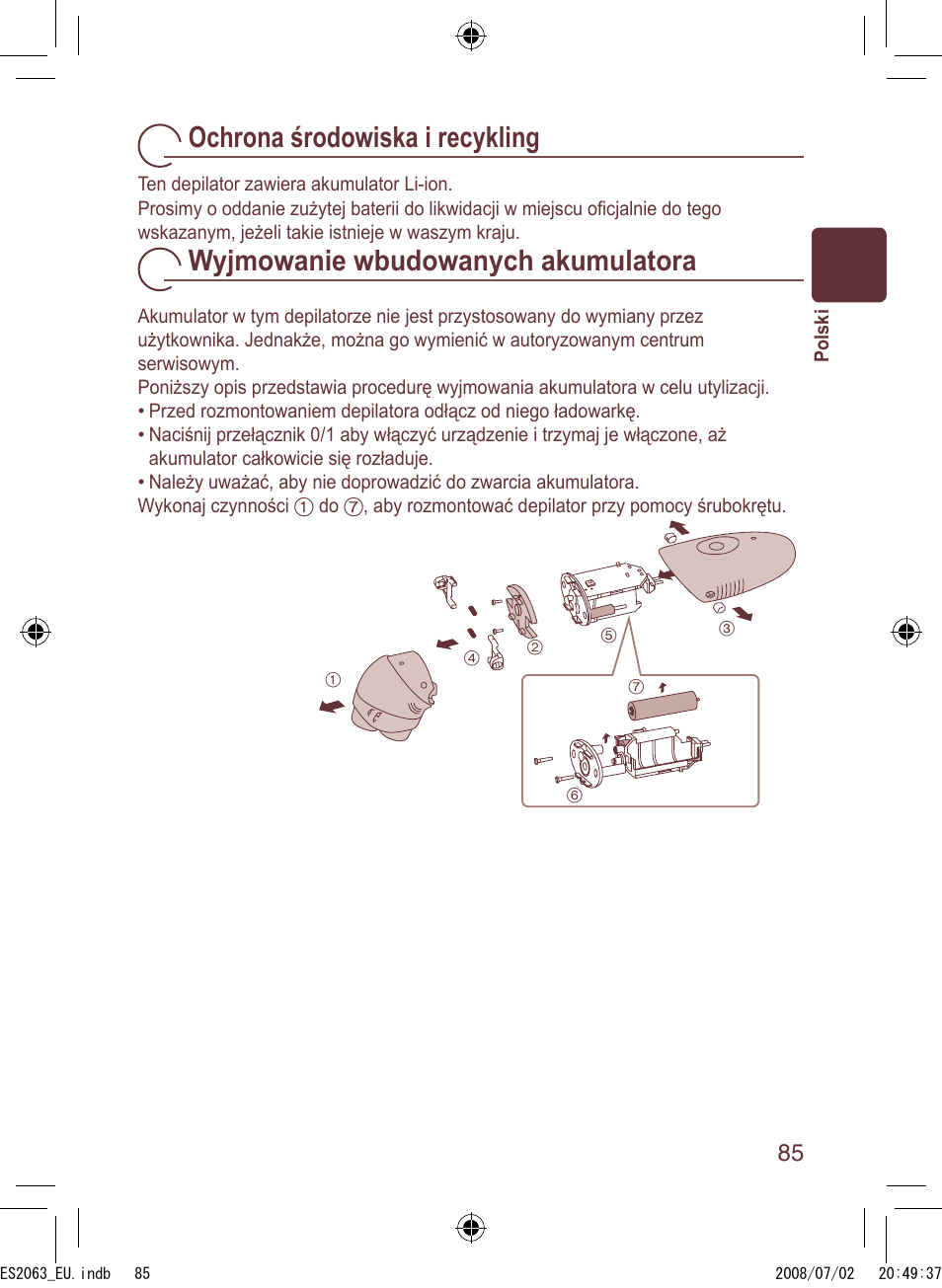 Ochrona środowiska i recykling, Wyjmowanie wbudowanych akumulatora | Panasonic ES2063 User Manual | Page 85 / 136