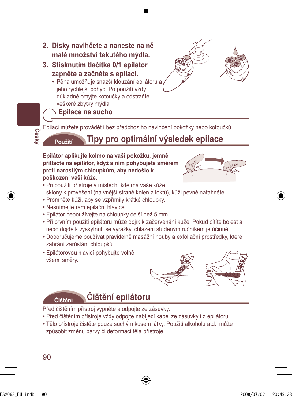 Tipy pro optimální výsledek epilace, Čištění epilátoru, Epilace na sucho | Panasonic ES2063 User Manual | Page 90 / 136