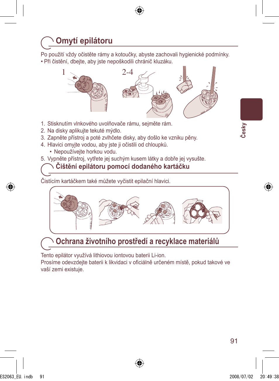 Omytí epilátoru, Ochrana životního prostředí a recyklace materiálů | Panasonic ES2063 User Manual | Page 91 / 136