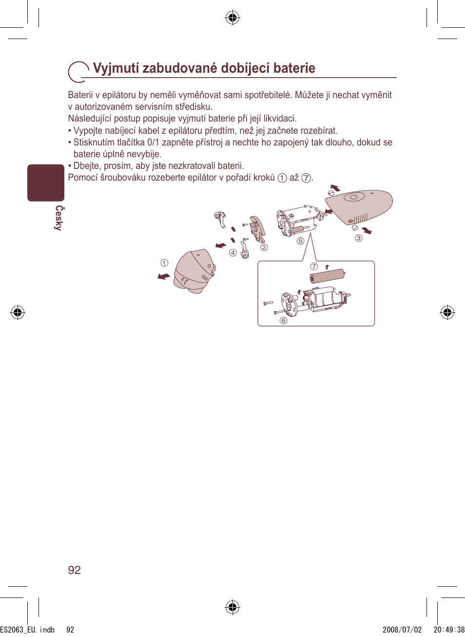 Vyjmutí zabudované dobíjecí baterie | Panasonic ES2063 User Manual | Page 92 / 136