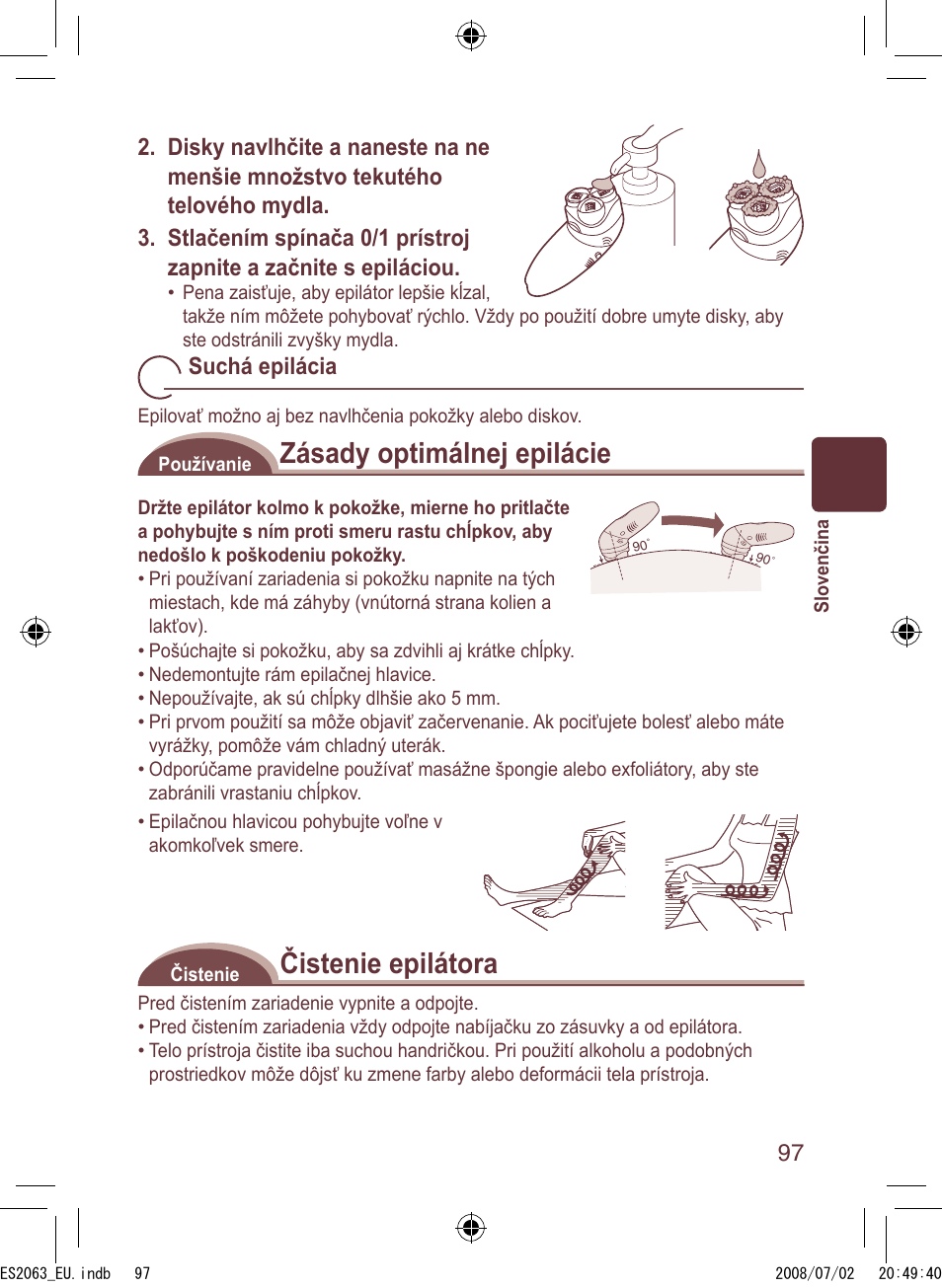 Zásady optimálnej epilácie, Čistenie epilátora, Suchá epilácia | Panasonic ES2063 User Manual | Page 97 / 136