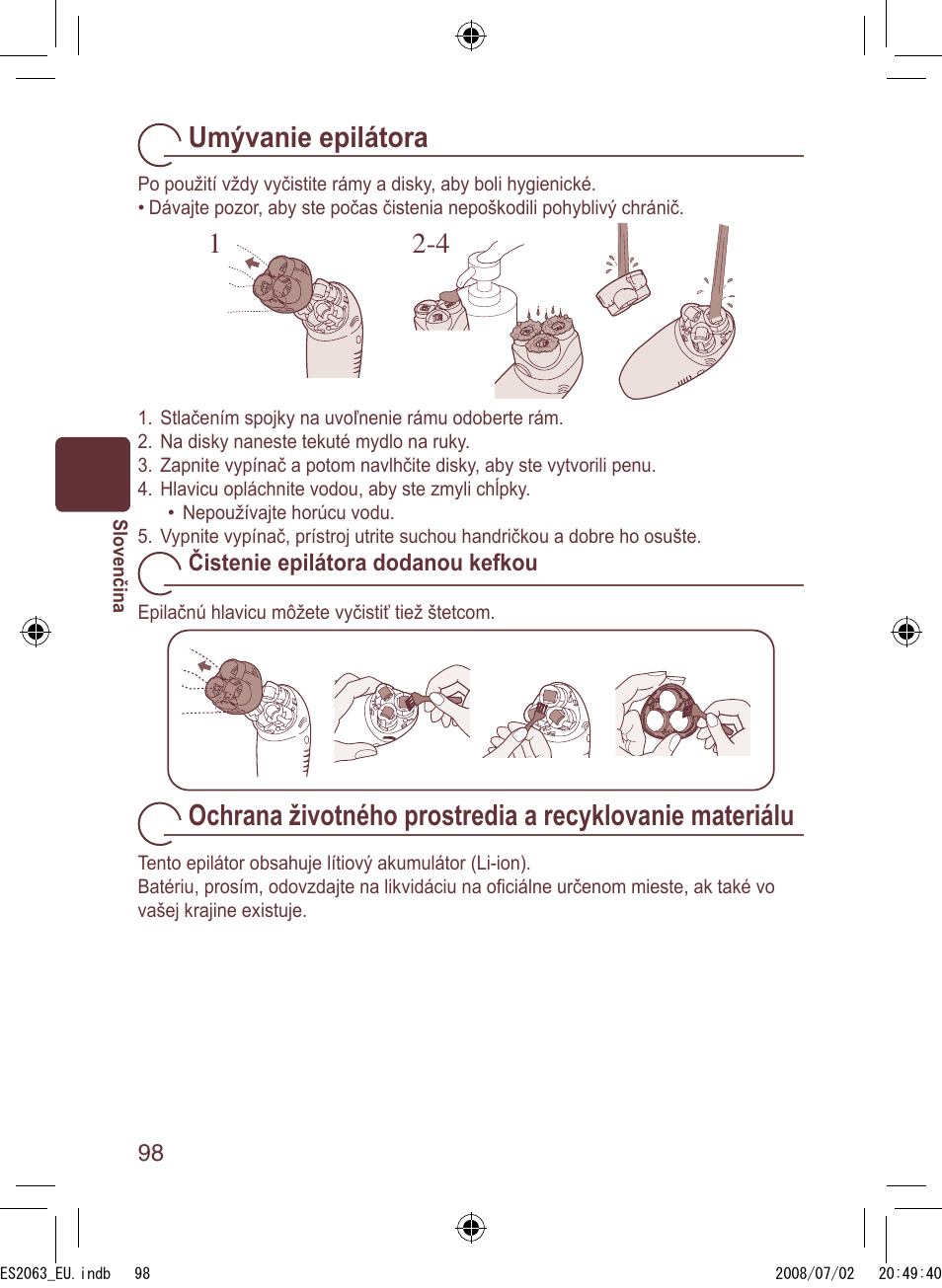 Umývanie epilátora | Panasonic ES2063 User Manual | Page 98 / 136