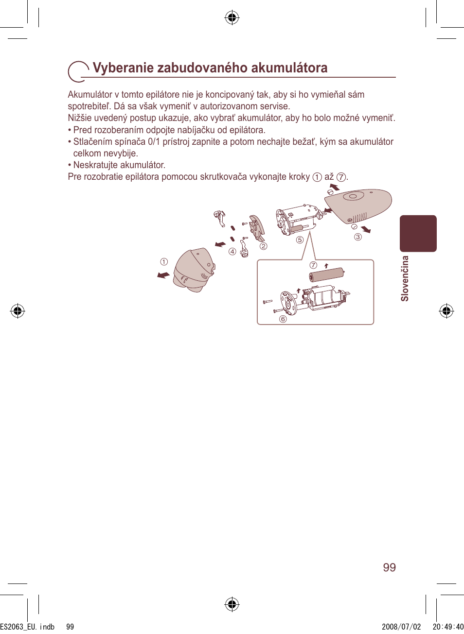 Vyberanie zabudovaného akumulátora | Panasonic ES2063 User Manual | Page 99 / 136