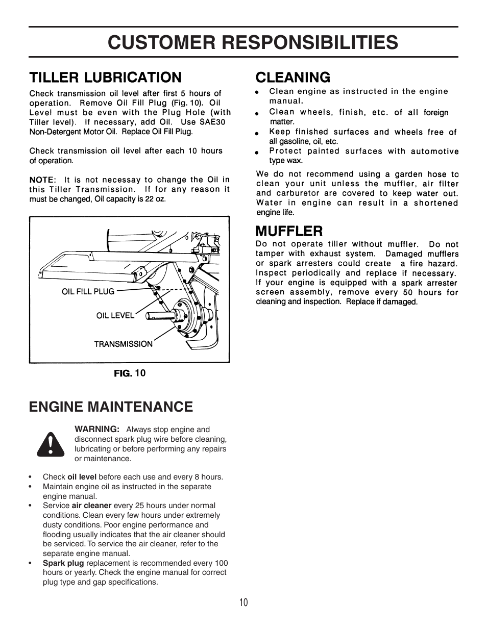 Customer responsibilities, Engine maintenance | Agri-Fab 45-03084 User Manual | Page 10 / 20