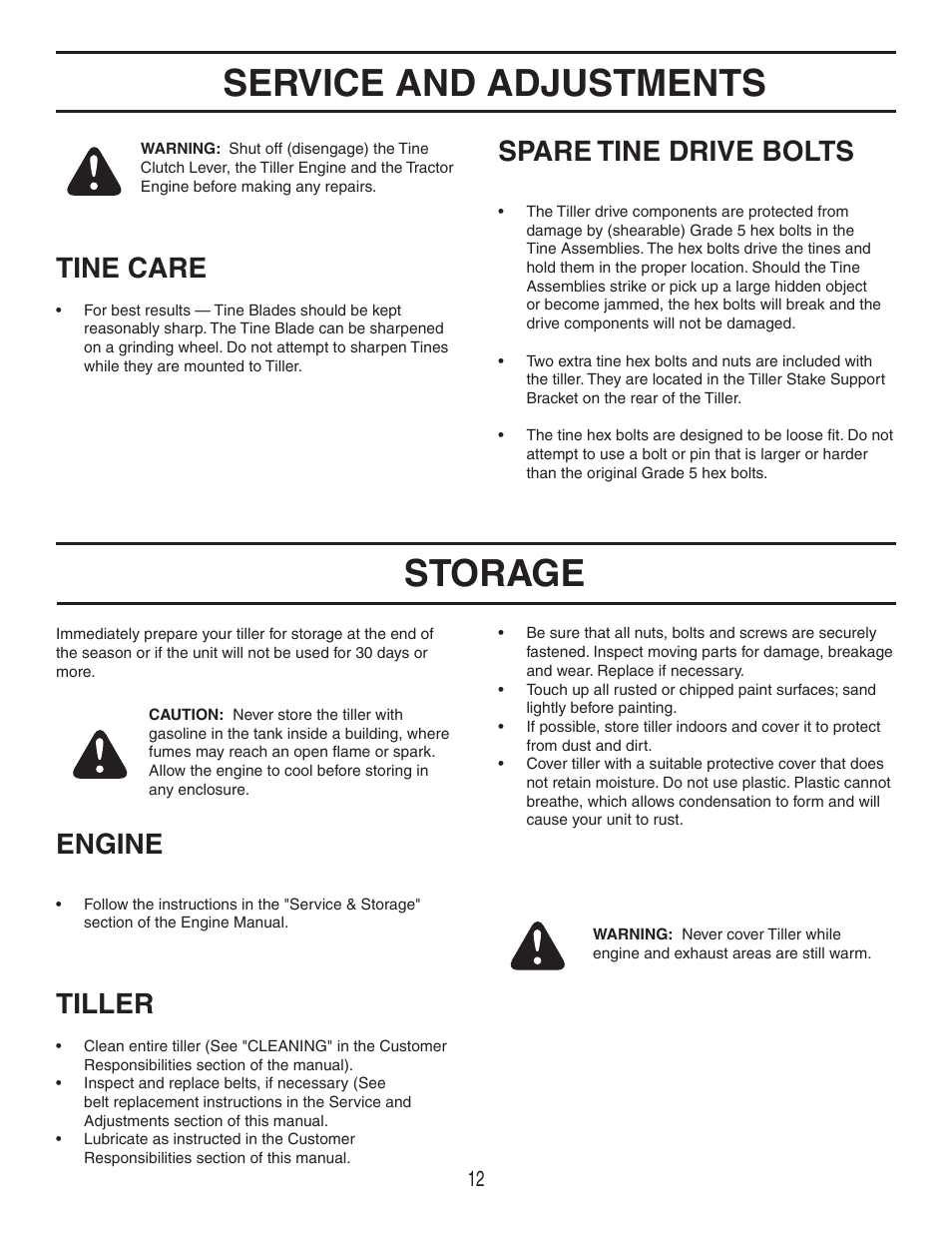 Service and adjustments, Storage, Tine care | Spare tine drive bolts, Engine, Tiller | Agri-Fab 45-03084 User Manual | Page 12 / 20