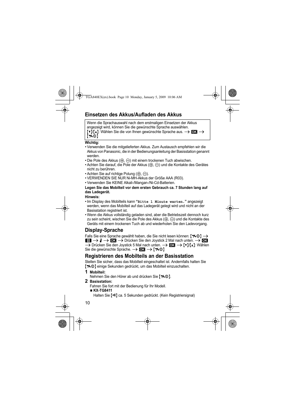 Einsetzen des akkus/aufladen des akkus, Display-sprache, Registrieren des mobilteils an der basisstation | Panasonic KXTGA840EX User Manual | Page 10 / 76