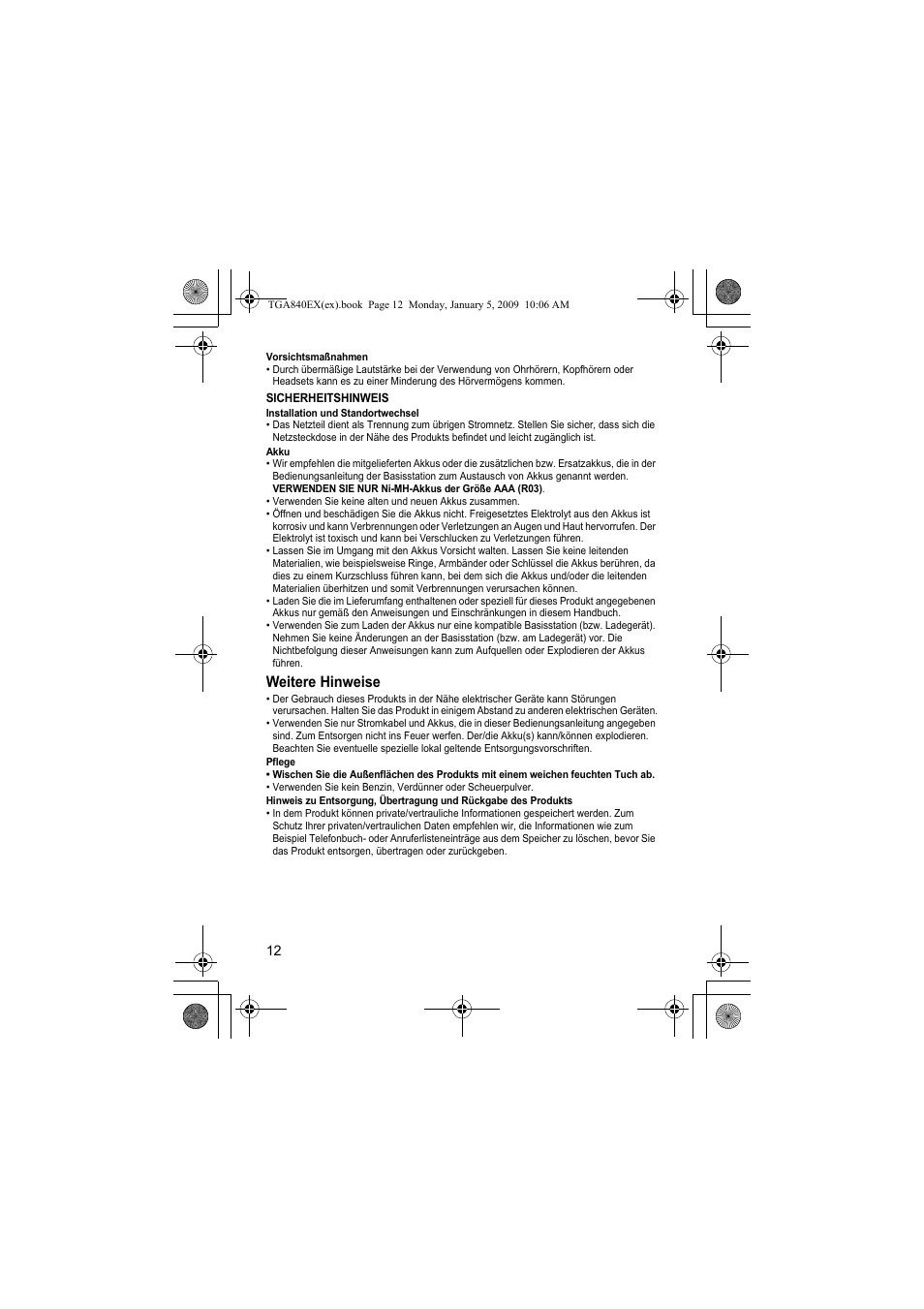 Weitere hinweise | Panasonic KXTGA840EX User Manual | Page 12 / 76