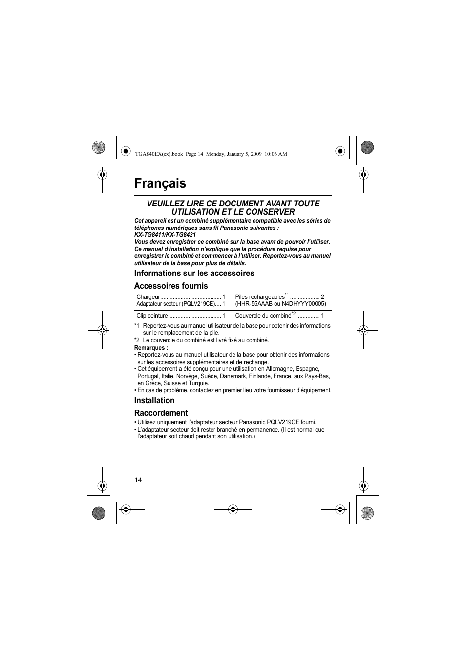 Français, Installation raccordement | Panasonic KXTGA840EX User Manual | Page 14 / 76