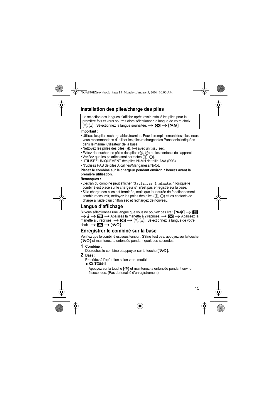 Installation des piles/charge des piles, Langue d’affichage, Enregistrer le combiné sur la base | Panasonic KXTGA840EX User Manual | Page 15 / 76