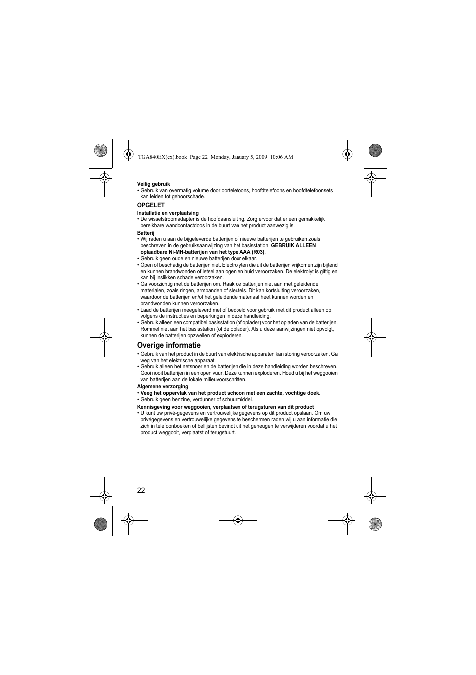 Overige informatie | Panasonic KXTGA840EX User Manual | Page 22 / 76