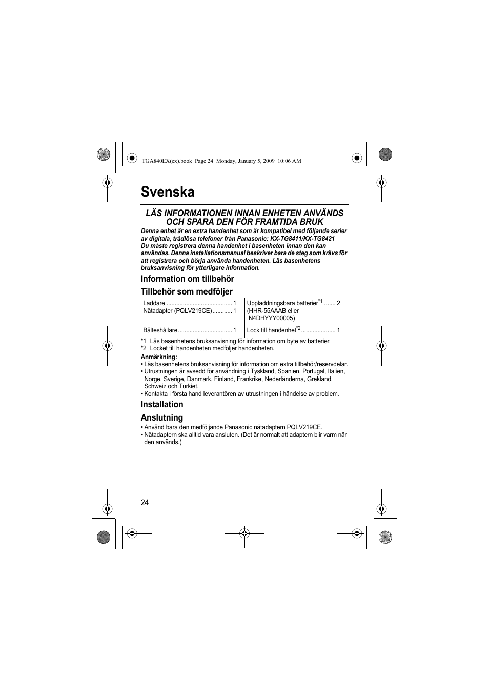 Svenska, Information om tillbehör tillbehör som medföljer, Installation anslutning | Panasonic KXTGA840EX User Manual | Page 24 / 76