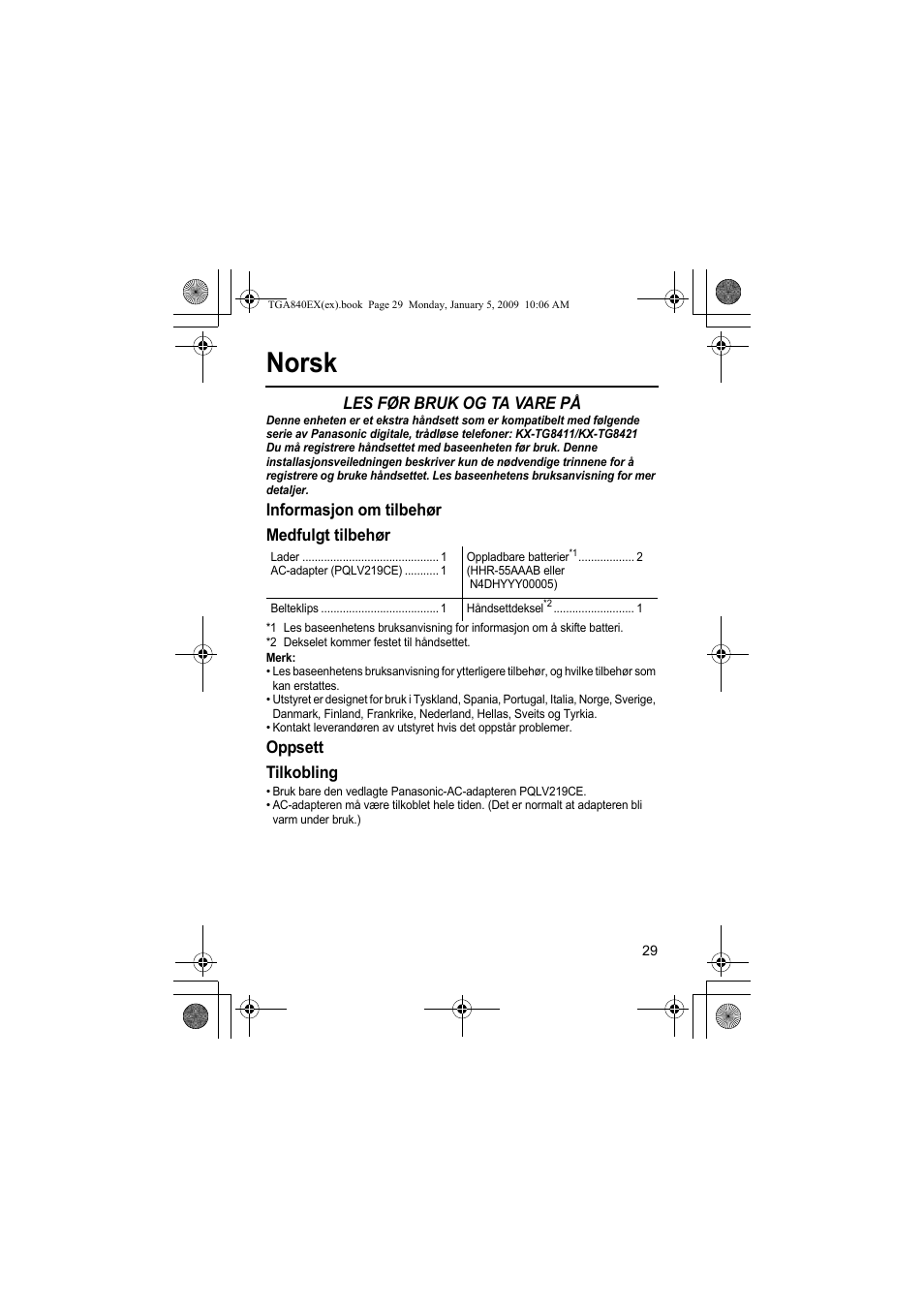 Norsk, Les før bruk og ta vare på, Informasjon om tilbehør medfulgt tilbehør | Oppsett tilkobling | Panasonic KXTGA840EX User Manual | Page 29 / 76