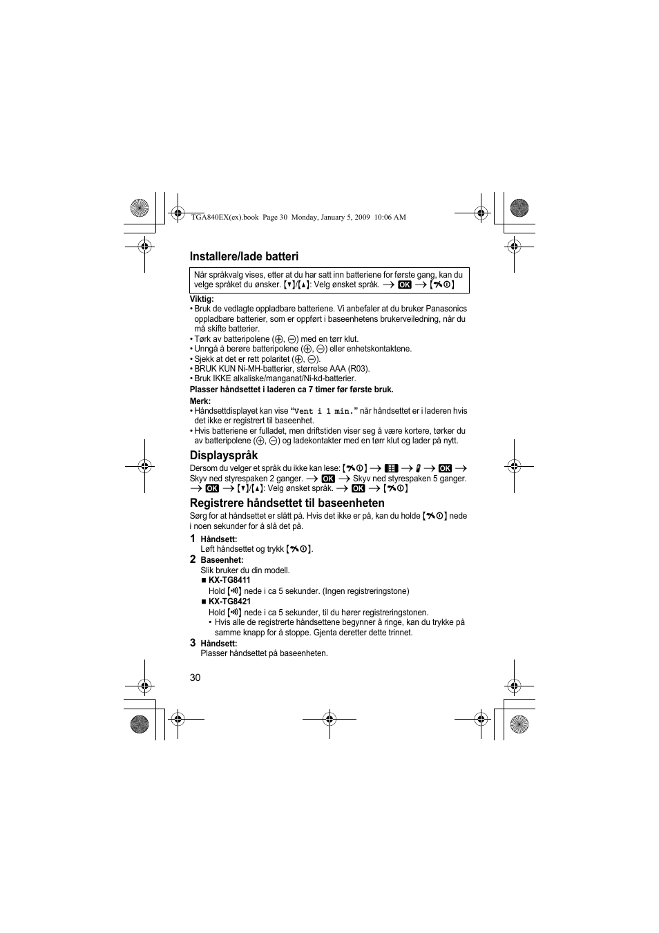 Installere/lade batteri, Displayspråk, Registrere håndsettet til baseenheten | Panasonic KXTGA840EX User Manual | Page 30 / 76