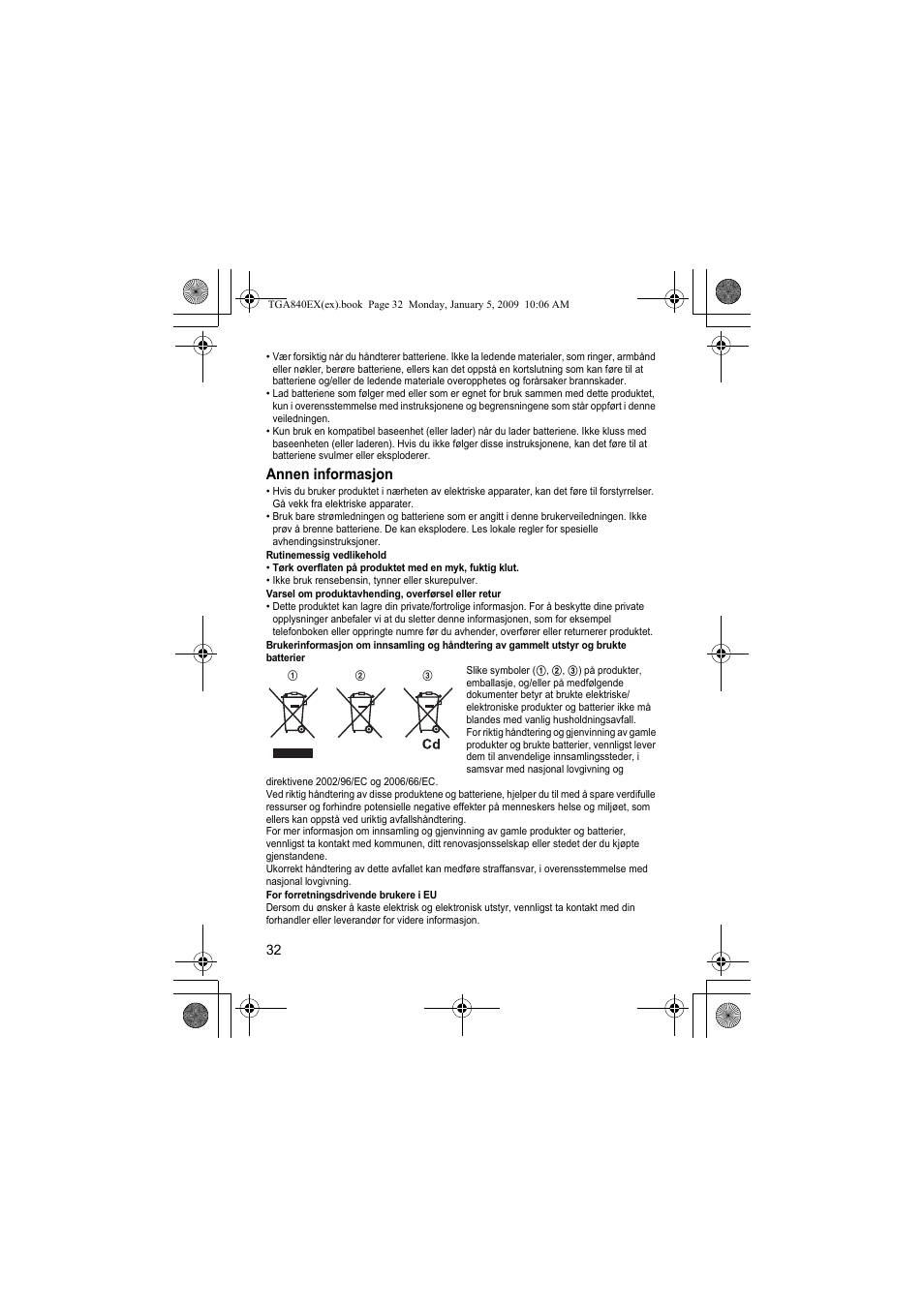 Annen informasjon | Panasonic KXTGA840EX User Manual | Page 32 / 76