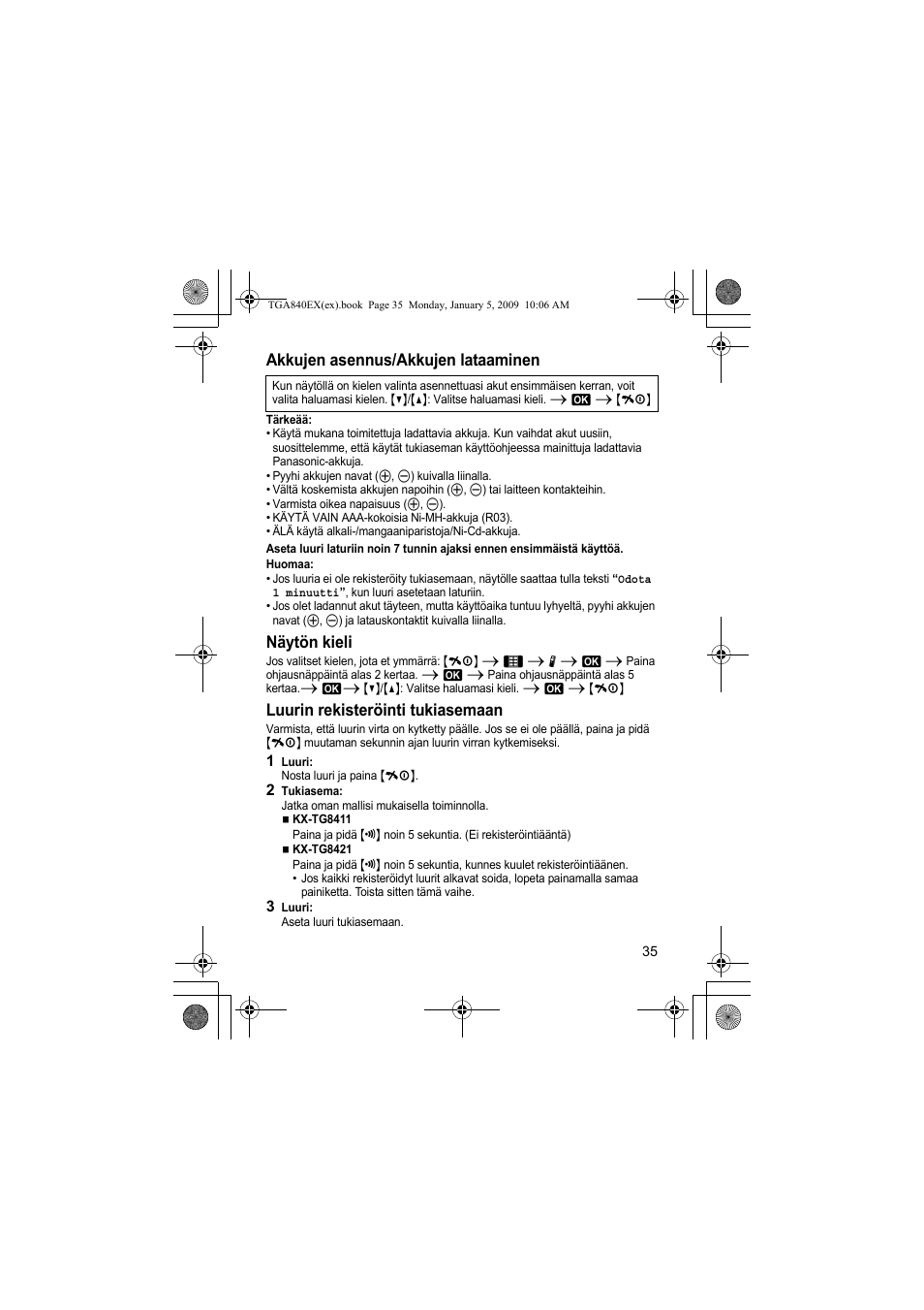 Akkujen asennus/akkujen lataaminen, Näytön kieli, Luurin rekisteröinti tukiasemaan | Panasonic KXTGA840EX User Manual | Page 35 / 76