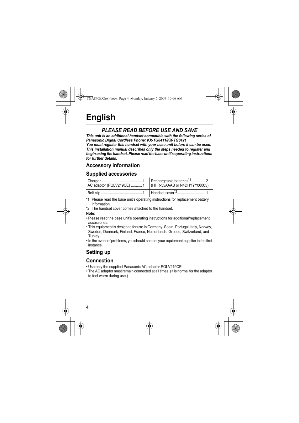 English, Please read before use and save, Accessory information supplied accessories | Setting up connection | Panasonic KXTGA840EX User Manual | Page 4 / 76