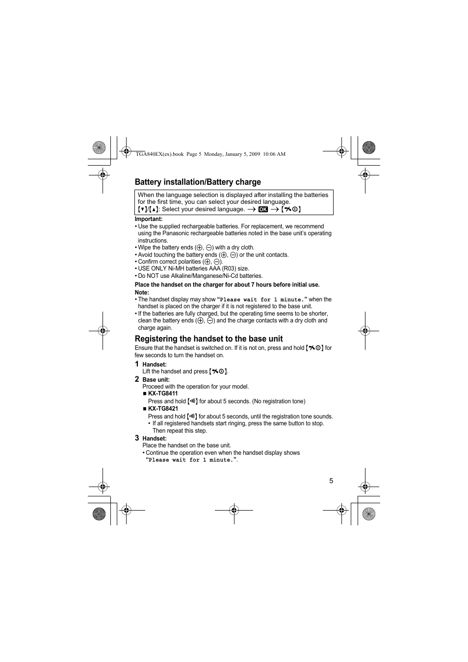 Battery installation/battery charge, Registering the handset to the base unit | Panasonic KXTGA840EX User Manual | Page 5 / 76