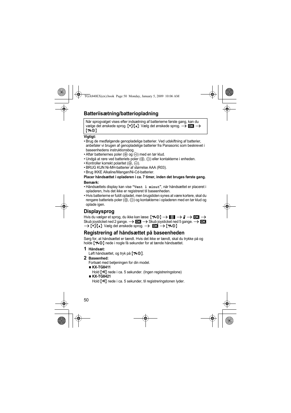 Batteriisætning/batteriopladning, Displaysprog, Registrering af håndsættet på baseenheden | Panasonic KXTGA840EX User Manual | Page 50 / 76
