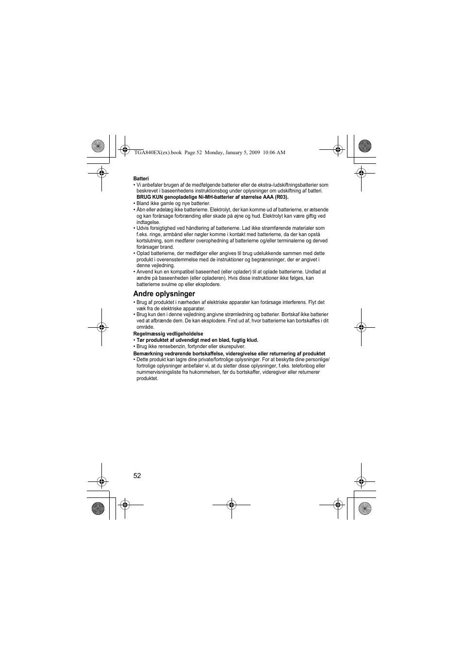 Andre oplysninger | Panasonic KXTGA840EX User Manual | Page 52 / 76