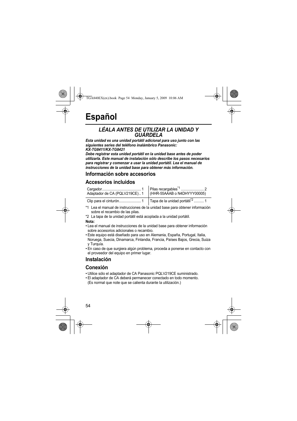 Español, Léala antes de utilizar la unidad y guárdela, Información sobre accesorios accesorios incluidos | Instalación conexión | Panasonic KXTGA840EX User Manual | Page 54 / 76
