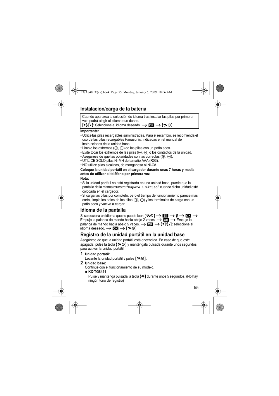 Instalación/carga de la batería, Idioma de la pantalla, Registro de la unidad portátil en la unidad base | Panasonic KXTGA840EX User Manual | Page 55 / 76