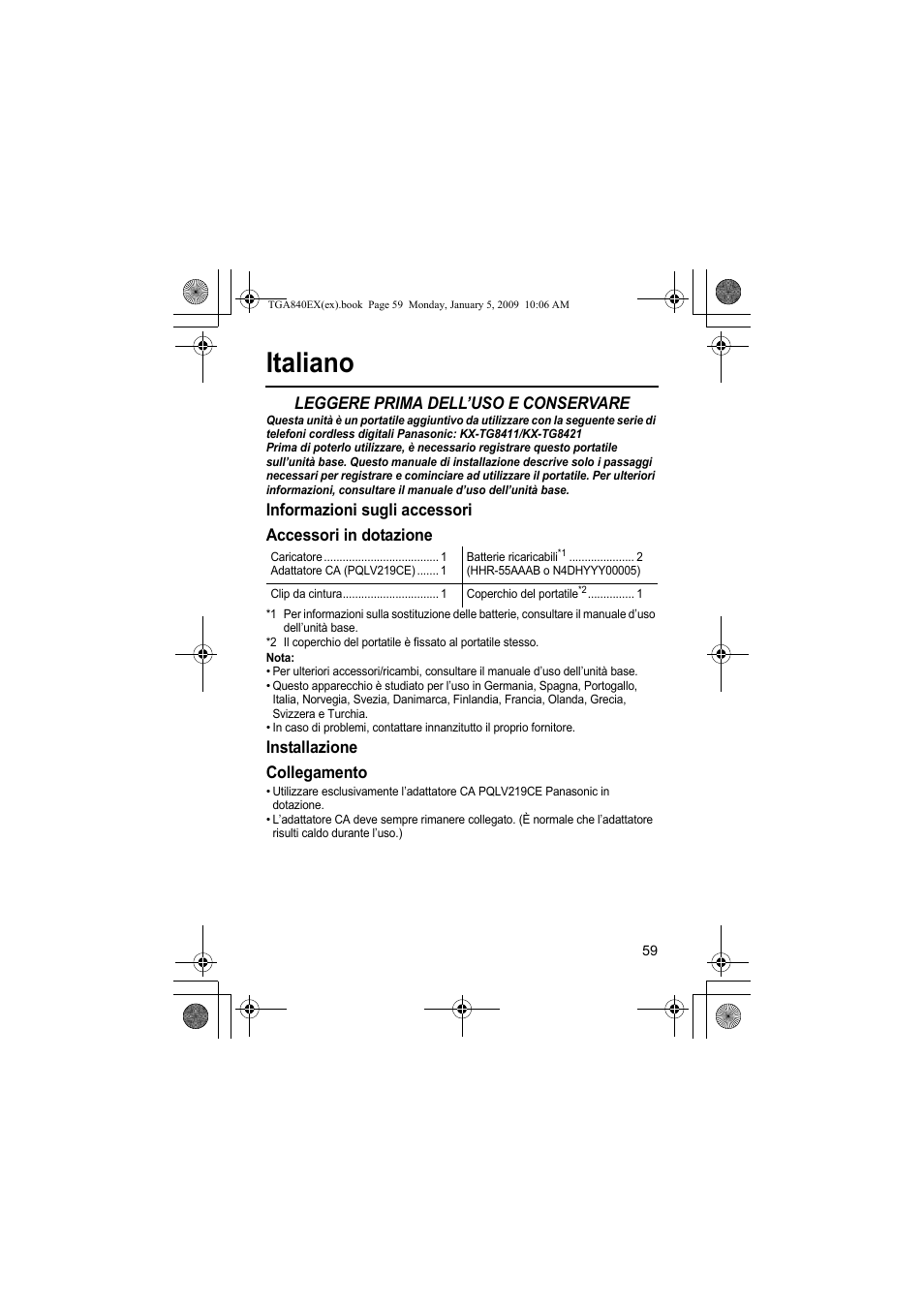 Italiano, Leggere prima dell’uso e conservare, Installazione collegamento | Panasonic KXTGA840EX User Manual | Page 59 / 76