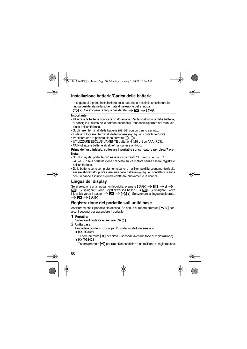 Installazione batteria/carica delle batterie, Lingua del display, Registrazione del portatile sull’unità base | Panasonic KXTGA840EX User Manual | Page 60 / 76