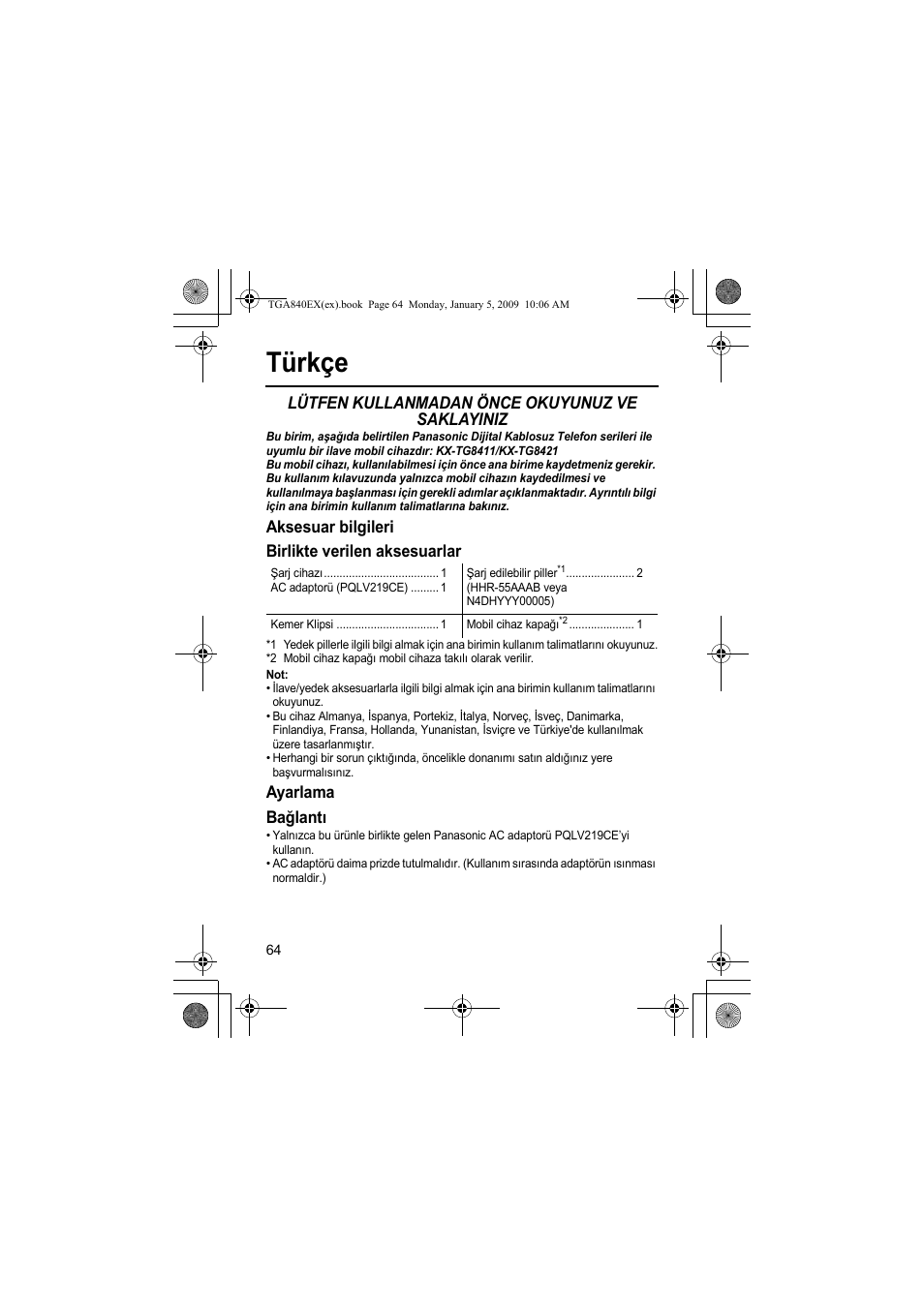 Türkçe, Lütfen kullanmadan önce okuyunuz ve saklayiniz, Aksesuar bilgileri birlikte verilen aksesuarlar | Ayarlama bağlantı | Panasonic KXTGA840EX User Manual | Page 64 / 76