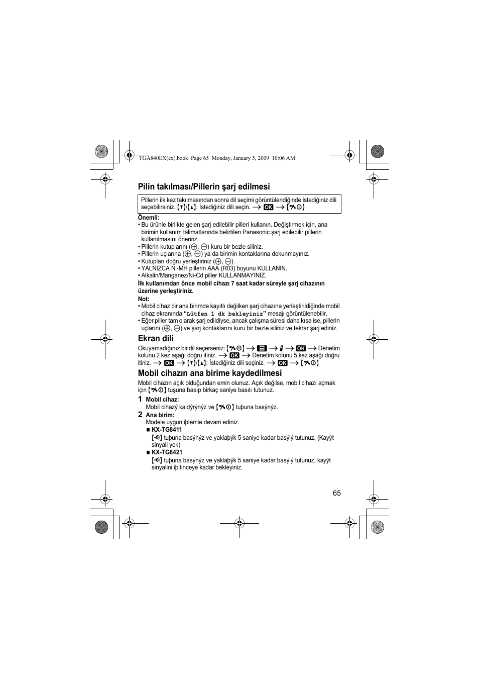Pilin takılması/pillerin şarj edilmesi, Ekran dili, Mobil cihazın ana birime kaydedilmesi | Panasonic KXTGA840EX User Manual | Page 65 / 76