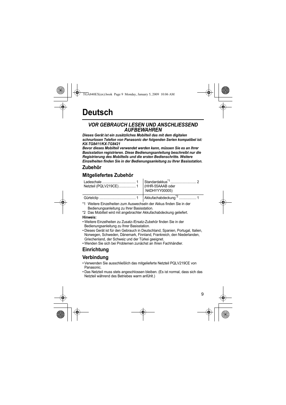 Deutsch, Vor gebrauch lesen und anschliessend aufbewahren, Zubehör mitgeliefertes zubehör | Einrichtung verbindung | Panasonic KXTGA840EX User Manual | Page 9 / 76