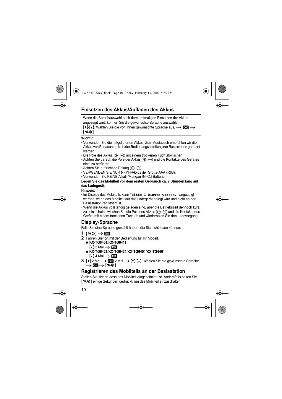 Einsetzen des akkus/aufladen des akkus, Display-sprache, Registrieren des mobilteils an der basisstation | Panasonic KXTGA641EX User Manual | Page 10 / 76