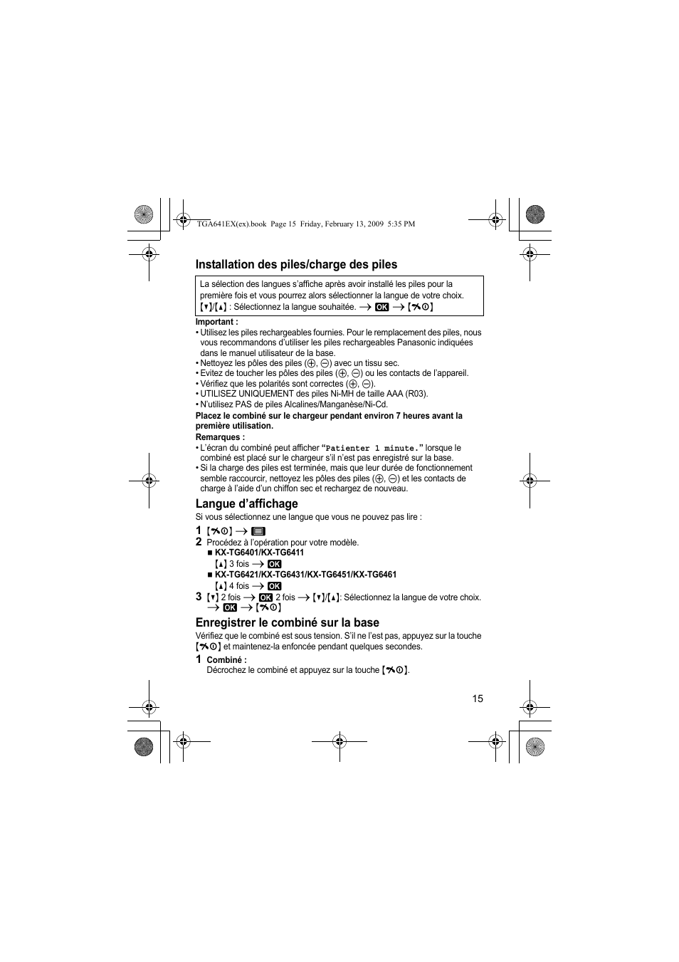 Installation des piles/charge des piles, Langue d’affichage, Enregistrer le combiné sur la base | Panasonic KXTGA641EX User Manual | Page 15 / 76