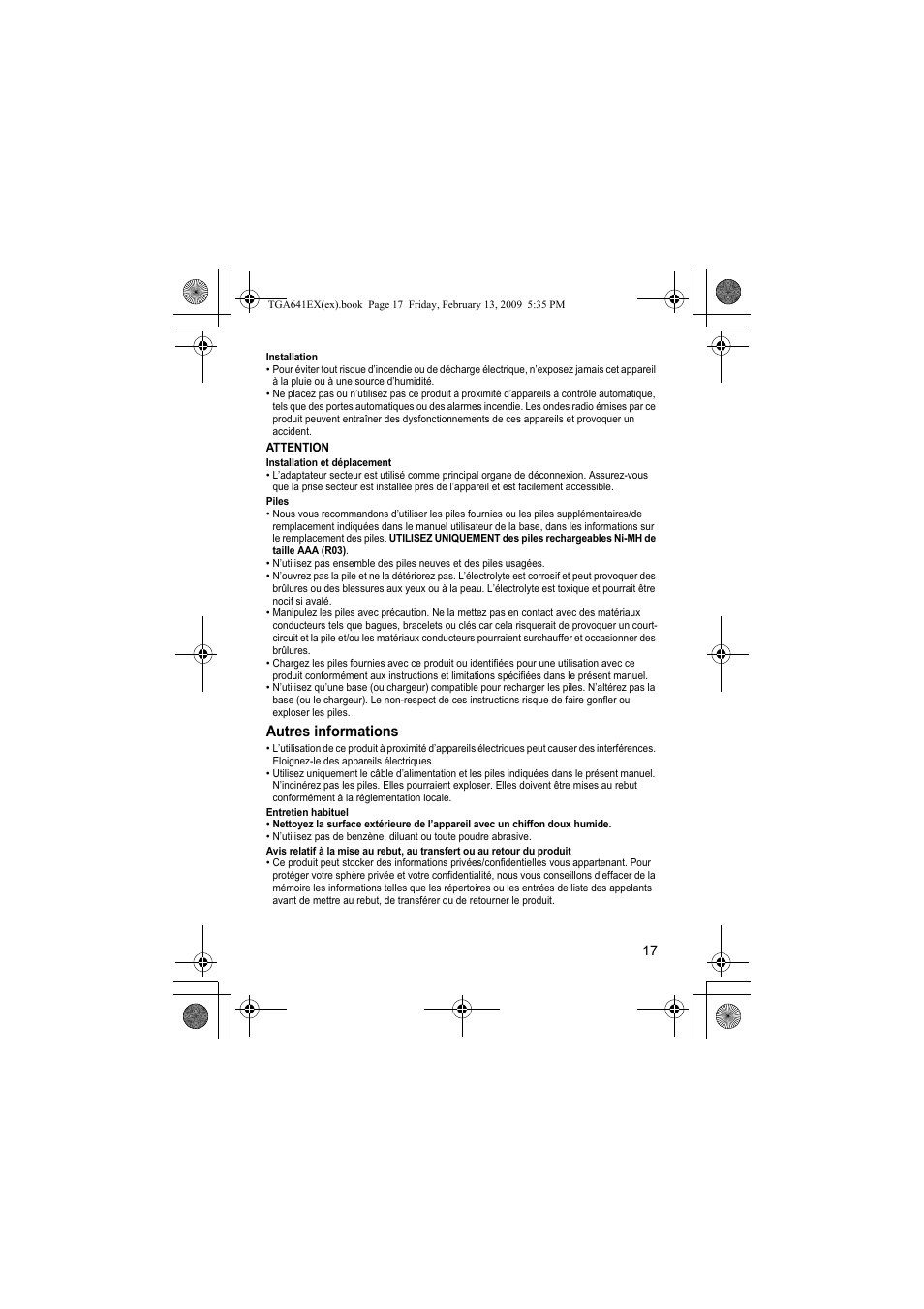 Autres informations | Panasonic KXTGA641EX User Manual | Page 17 / 76