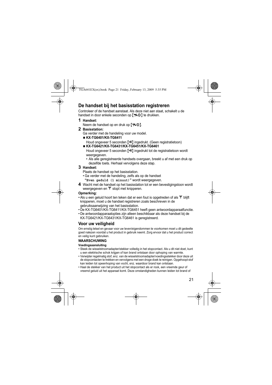 De handset bij het basisstation registreren | Panasonic KXTGA641EX User Manual | Page 21 / 76