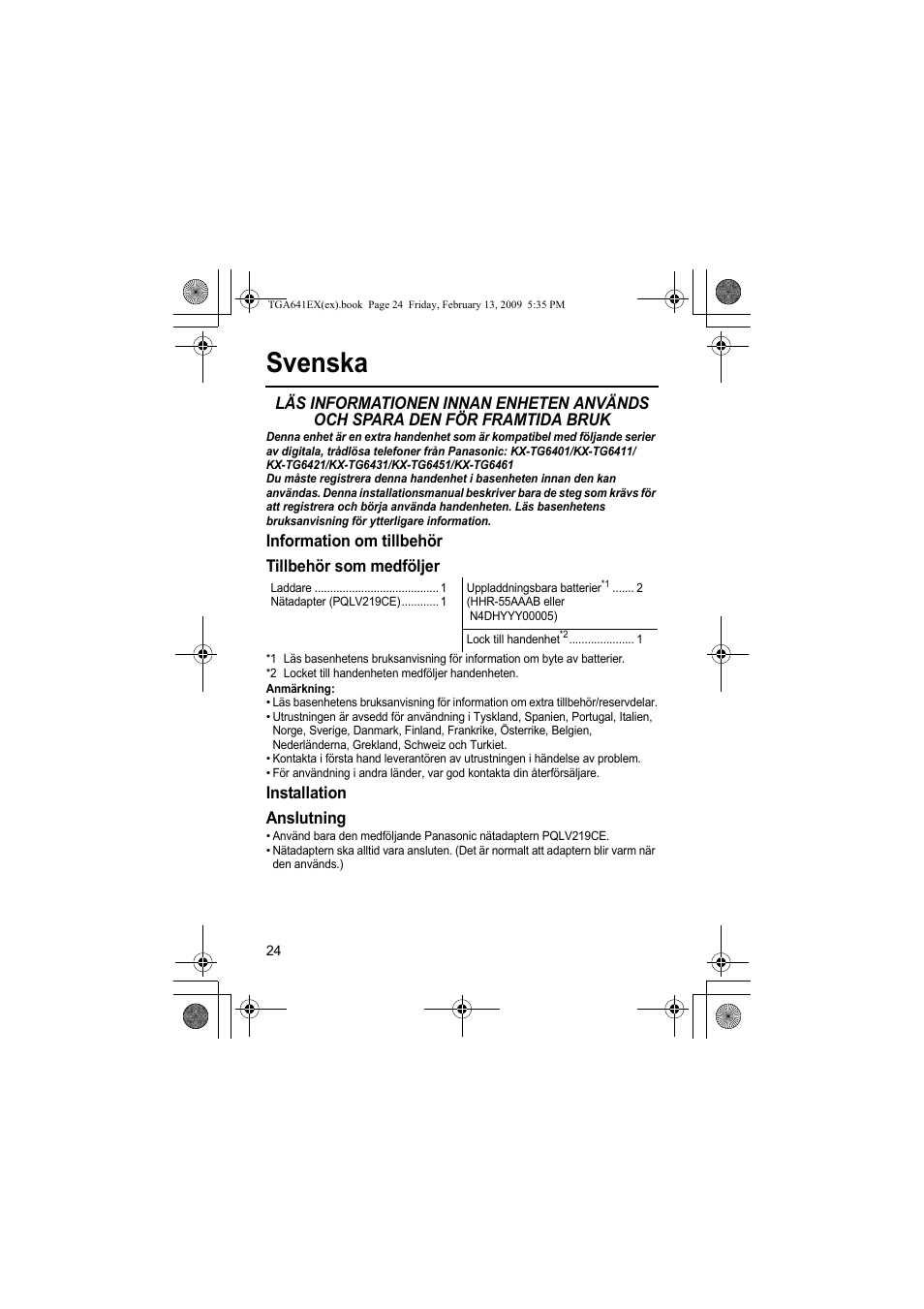 Svenska | Panasonic KXTGA641EX User Manual | Page 24 / 76