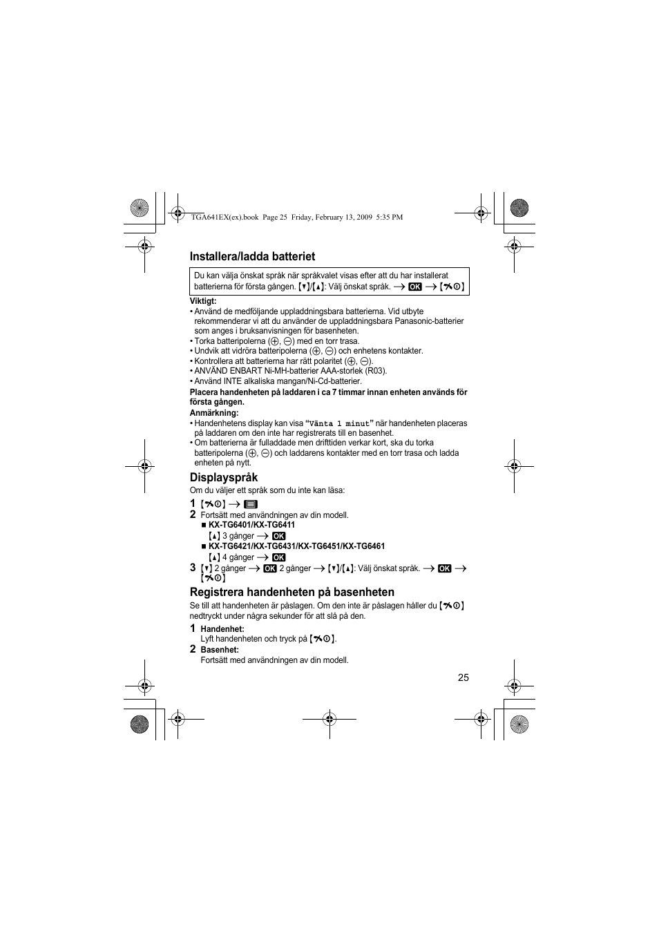 Installera/ladda batteriet, Displayspråk, Registrera handenheten på basenheten | Panasonic KXTGA641EX User Manual | Page 25 / 76