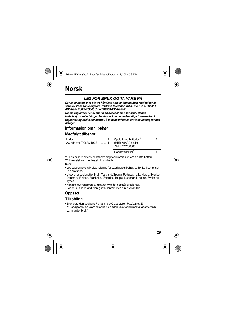 Norsk, Les før bruk og ta vare på, Informasjon om tilbehør medfulgt tilbehør | Oppsett tilkobling | Panasonic KXTGA641EX User Manual | Page 29 / 76