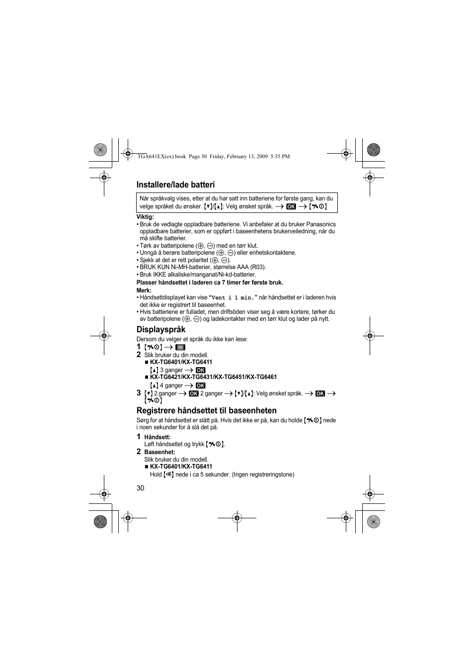 Installere/lade batteri, Displayspråk, Registrere håndsettet til baseenheten | Panasonic KXTGA641EX User Manual | Page 30 / 76