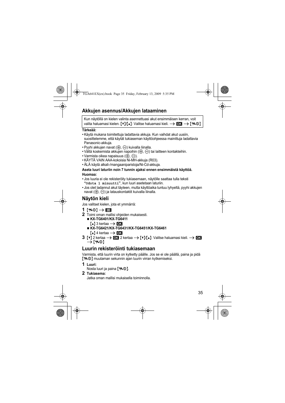 Akkujen asennus/akkujen lataaminen, Näytön kieli, Luurin rekisteröinti tukiasemaan | Panasonic KXTGA641EX User Manual | Page 35 / 76