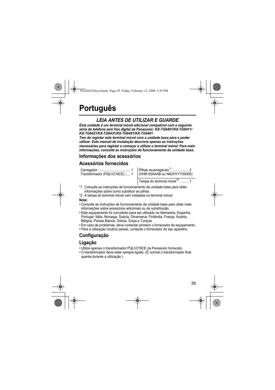 Português, Leia antes de utilizar e guarde, Informações dos acessórios acessórios fornecidos | Configuração ligação | Panasonic KXTGA641EX User Manual | Page 39 / 76