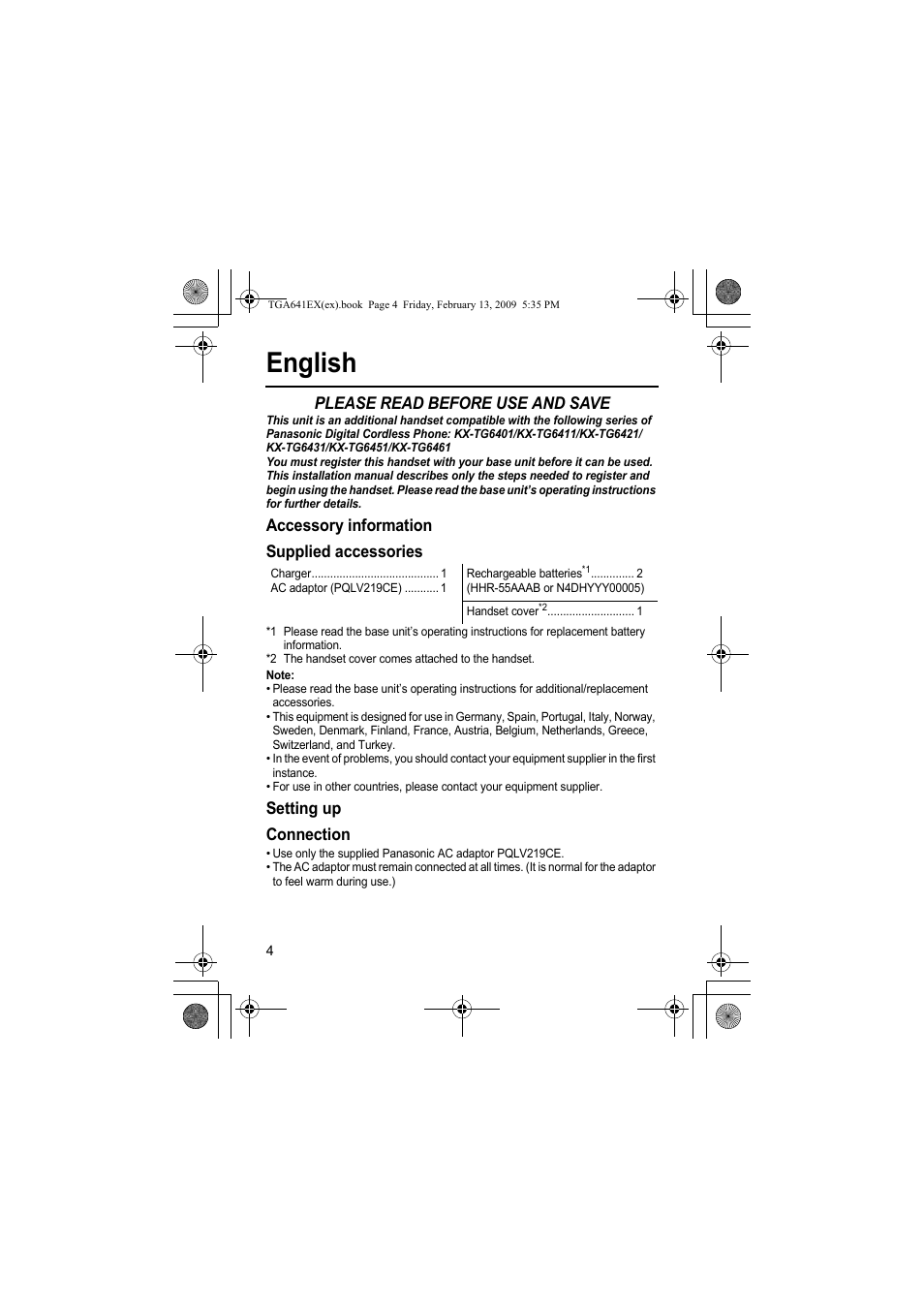 English, Please read before use and save, Accessory information supplied accessories | Setting up connection | Panasonic KXTGA641EX User Manual | Page 4 / 76